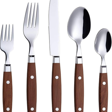 ANNOVA Silverware Set, Retro/Rivet Colorful Stainless Steel Tableware Kitchen Flatware Set Utensils, Includes Dinner Knives, Forks, Spoons, Salad Forks & Dessert Spoons (Wood, 20 Pieces)