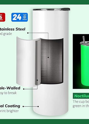 Joyclub 8 Pack Sublimation Tumblers Glow in the Dark 20 oz Bulk Blank Tumblers Skinny Straight Flat Bottom Cups White with Lid and Straw