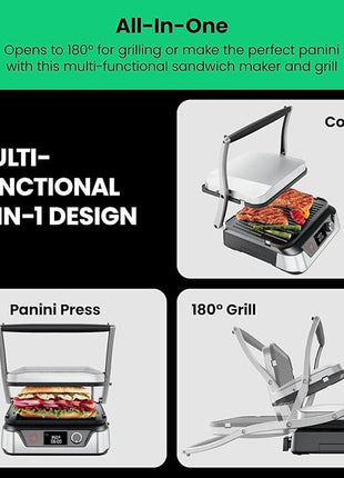 Chefman 5-in-1 Digital Panini Press Grill Sandwich Maker and Griddle Grill Combo with Removable, Reversible Dishwasher-Safe Grilling Plates, Opens 180° for Indoor BBQ /Flat Top Grill, Stainless steel