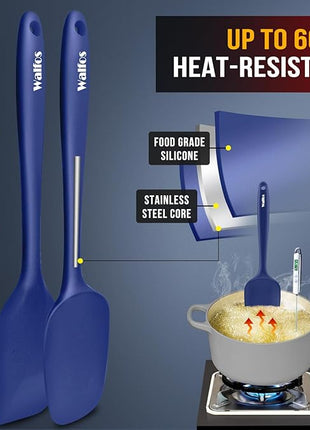 Walfos Silicone Spatula Set (5pcs) - 600℉ High Heat Resistant Kitchen Spoon Navy Blue Spatulas for Cooking Mixing & Baking, Strong Steel Core and One-Pieces Seamless Design, BPA Free Dishwasher Safe