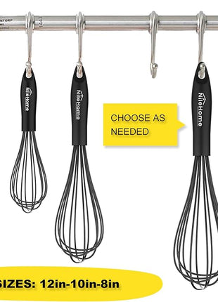 NileHome Upgrade Silicone Whisk Set 8" 10" 12" Kitchen Whisk Kitchen Wisk Wire Whisks for Cooking, Whisking, Blending, Beating, Stirring-Black