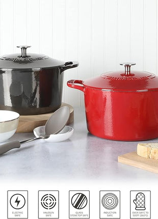 MARTHA STEWART Gatwick 7-Quart Enamel Cast Iron Dutch Oven Pot with Lid – Red – Durable Heavy-Duty Dutch Oven for Slow Cooking, Braising & Baking