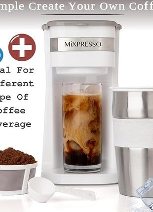 Mixpresso White Personal Single Serve Coffee Maker with 14oz Travel Mug, Drip Small Coffee Maker with Auto Shut Off, Reusable Filter, Works with Ground Coffee Only – Not for K-Cup Pods