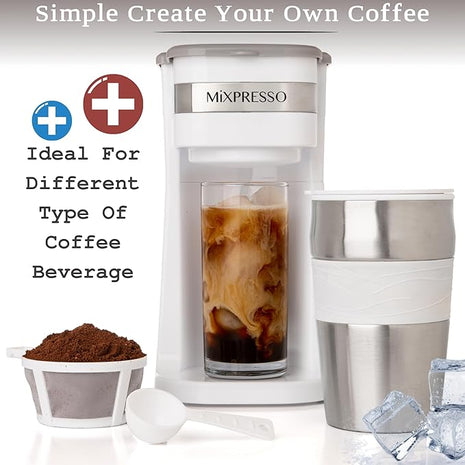 Mixpresso White Personal Single Serve Coffee Maker with 14oz Travel Mug, Drip Small Coffee Maker with Auto Shut Off, Reusable Filter, Works with Ground Coffee Only – Not for K-Cup Pods