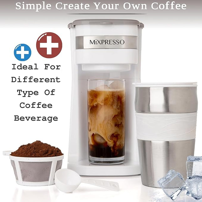 Mixpresso White Personal Single Serve Coffee Maker with 14oz Travel Mug, Drip Small Coffee Maker with Auto Shut Off, Reusable Filter, Works with Ground Coffee Only – Not for K-Cup Pods