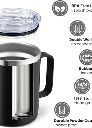 MEWAY 12oz Coffee Mug With Handle 2 Pack Bulk,Stainless Steel Insulated Travel Tumblers With Sliding Lid,Double Wall Vacuum Camping Cup for Hot & Cold Drinks Tea (Black,Set of 2)