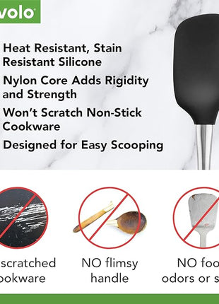 Tovolo Spoon Spatula Spoonula with Stainless Steel Handle Ergonomic Grip Black, Silicone Scoopula Kitchen Utensil Non Scratch Easy Clean Dishwasher Safe Heat Resistant Flex Core Scoop Spatula