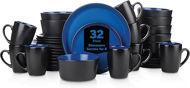 SERVICE FOR 8 - Total of 32 pieces including 8 dinner plates (10”), 8 salad plates (7.5”), 8 bowls (5.75”), and 8 mugs (12 oz), making it the perfect set to service 8 people