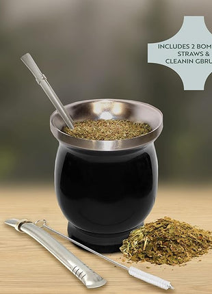Norte Yerba Mate Cup Kit, 8-Ounces Traditional Mate Tea Cup/Gourd Set | Includes 2 Bombillas (Yerba Mate Straw) & Cleaning Brush, Stainless Steel Cup, Double-Walled, Easy to Clean | Black