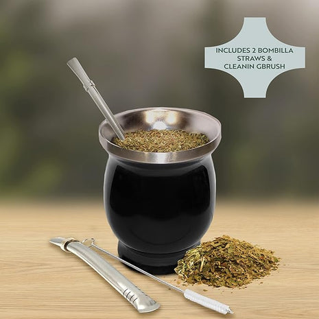 Norte Yerba Mate Cup Kit, 8-Ounces Traditional Mate Tea Cup/Gourd Set | Includes 2 Bombillas (Yerba Mate Straw) & Cleaning Brush, Stainless Steel Cup, Double-Walled, Easy to Clean | Black
