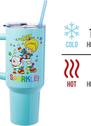 Silver Buffalo Rainbow Brite and Twink Sparkle Stainless Steel Tumbler with Handle and Straw, Fits in Standard Cup Holder, 40 Ounces (Pack of 12)