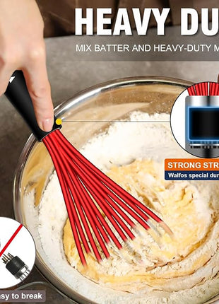 Walfos Whisk,Whisks for Cooking Non Scratch.Silicone Whisk Set of 4 Kitchen Wisk-11in Flat wisk and 7+9+11in Balloon Whisk.Nice for Mixing,Whisking and Stirring.Dishwasher Safe.(4pcs-Colorful)