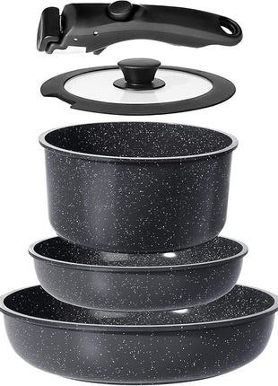 GiPP Ceramic Pots and Pans Set Non Stick, Nonstick Detachable Handle Cookware Sets, Non Toxic Induction Kitchen Pot and Pan with Removable Handle, Healthy RV Cookware, Dishwasher ＆Oven Safe, 5 Piece