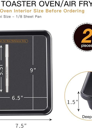 HONGBAKE 2 Pack 9.7X7.5" Toaster Oven Pans for Baking, 57% Thicker Nonstick 1/8 Cookie Sheet Pan Set, Small Baking Tray, Dishwasher Safe and Heavy Duty, Black
