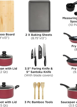 Ecolution Easy Clean Ceramic Nonstick Cookware Set, Dishwasher Safe Kitchen Pots and Pans Set, Comfort Grip Handle, Even Heating, Ultimate Food Release, 26-Piece, Red