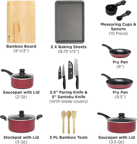 Ecolution Easy Clean Ceramic Nonstick Cookware Set, Dishwasher Safe Kitchen Pots and Pans Set, Comfort Grip Handle, Even Heating, Ultimate Food Release, 26-Piece, Red