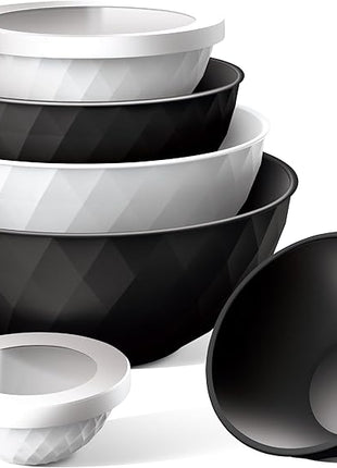 COOK WITH COLOR Mixing Bowls with Lids - 12 Piece Plastic Nesting Bowls Set includes 6 Prep Bowls and 6 Lids, Diamond Design - Microwave Safe, Black and White