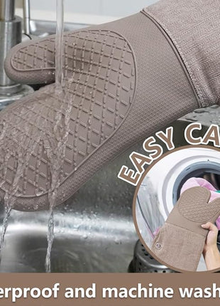 Professional Microwave Silicone Oven Mitts one Pair, Kitchen Mitten Set for Heat Resistant with 500 Degrees, Kitchen Gloves Pot Holder for BBQ Cooking Baking (Khaki)