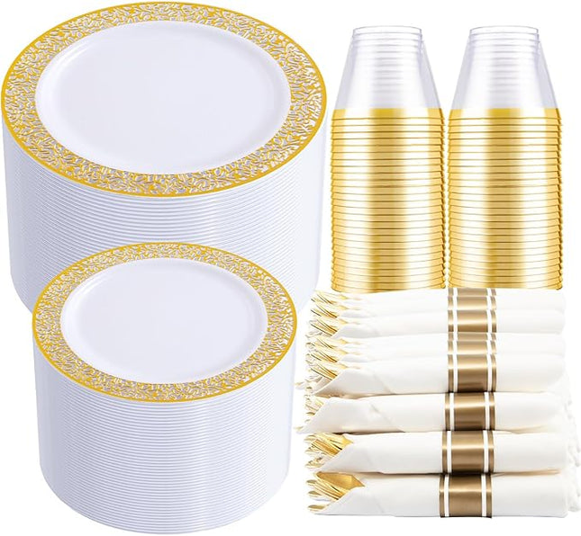 DaYammi 210 PCS Gold Plastic Plates, Gold Plastic Dinnerware Sets, Includes: 30 Dinner Plates, 30 Salad Plates, 30 Pre Rolled Napkins with Gold silverware,30 Cups 9 OZ, Perfect for Wedding and Party