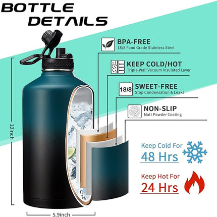 1 Gallon Water Bottle Stainless Steel - 128oz Insulated Flask Water Bottle with Sleeve Strap, Big Water Jug with Straw & Spout Lid, Gym Camping Gallon Water Bottle w/Paracord Handle, protective Boot