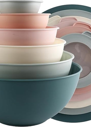 COOK WITH COLOR Mixing Bowls with TPR Lids - 12 Piece Plastic Nesting Bowls Set includes 6 Prep Bowls and 6 Lids, Microwave Safe (Teal)