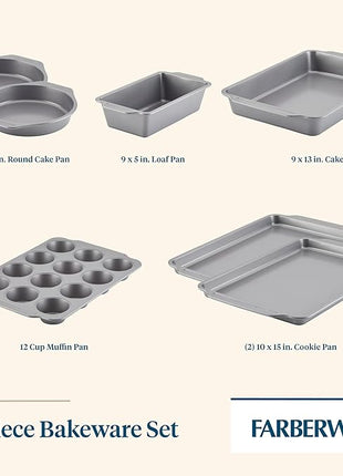 Farberware Bakeware Nonstick Baking Pans with Baking Sheets, Cake Pans, Meatloaf/Bread Pan, and Muffin Pan, 7 Piece Bakeware Set - Gray