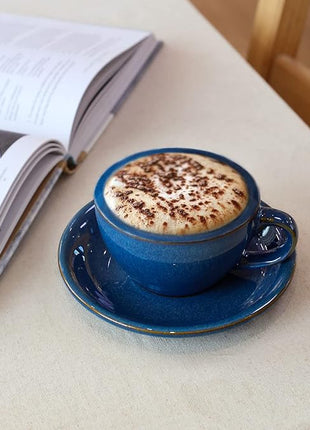 LE TAUCI 8 oz Cappuccino Cups with Saucers, Ceramic Large Coffee Cup for Au Lait, Double shot, Latte, Cafe Mocha, Tea - Set of 4, Ceylon Blue