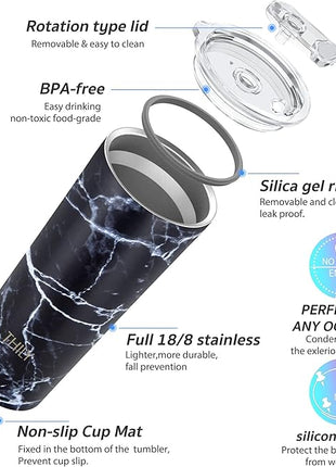 THILY Stainless Steel Vacuum Insulated Tumbler Travel Mug 26 oz Coffee Cup with 2 Lids and Straws, Splash Proof, Keep Ice Drinks Cold, Black Marble