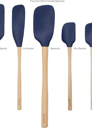 Tovolo Silicone Spatula with Wooden Handle Set of 5 Piece Silicone Kitchen Utensil Set Spoonula Jar Scraper Mini Spatula and Spoonula for Cooking Baking Mixing Folding Deep Indigo