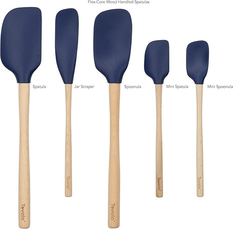 Tovolo Silicone Spatula with Wooden Handle Set of 5 Piece Silicone Kitchen Utensil Set Spoonula Jar Scraper Mini Spatula and Spoonula for Cooking Baking Mixing Folding Deep Indigo