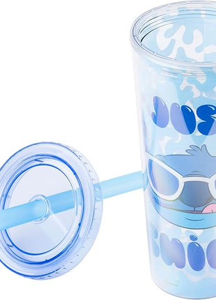 Silver Buffalo Disney Lilo and Stitch Cool Sunglasses Just Chill Plastic Boba Tumbler with Lid and Straw, 24 Ounces