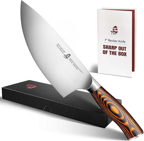 TUO Rocker Knife, 7 inch Salad Chopper Chef Knife for Herb Rocking and Veggie Chopping, Vegetable Cleaver in High Carbon Steel with Ergonomic Handle - Fiery Phoenix Series