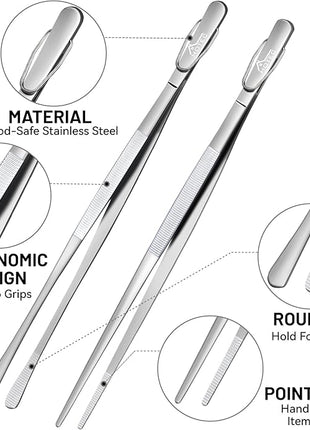 HOTEC Kitchen Tweezers Tongs Stainless Steel Professional Chef Tweezers, Set of 2-12inch Extra-Long Food Tongs for Cooking,Grill and Baking