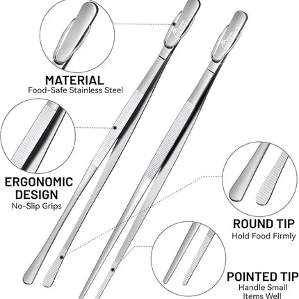 HOTEC Kitchen Tweezers Tongs Stainless Steel Professional Chef Tweezers, Set of 2-12inch Extra-Long Food Tongs for Cooking,Grill and Baking