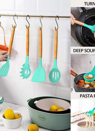 Umite Chef Kitchen Cooking Utensils Set, 24 pcs Non-stick Silicone Cooking Kitchen Utensils Spatula Set with Holder, Wooden Handle Heat Resistant Silicone Kitchen Gadgets Utensil Set (Green)