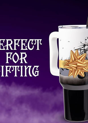 Silver Buffalo Disney Nightmare Before Christmas by Tim Burton Jack Skellington Hill and Moon Stainless Steel Tumbler with Handle and Straw, Fits in Standard Cup Holder, 40 Ounces