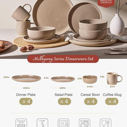 Famiware Milkyway Stoneware Dinnerware Sets with Mugs, Service for 4 (16pcs), Plates and Bowls Sets, Scratch Resistant, Microwave and Dishwasher Safe Dishes Set, Cinnamon Brown