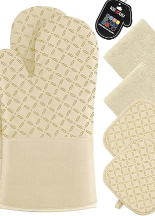 KEGOUU Oven Mitts and Pot Holders 6pcs Set, Kitchen Oven Glove High Heat Resistant 500 Degree Extra Long Oven Mitts and Potholder with Non-Slip Silicone Surface for Cooking (Beige)