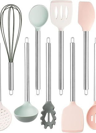 COOK WITH COLOR Silicone Cooking Utensils, Kitchen Utensil Set, Easy to Clean Silicone Kitchen Utensils, Cooking Utensils for Nonstick Cookware, Kitchen Gadgets Set, 10 Pieces, Mint