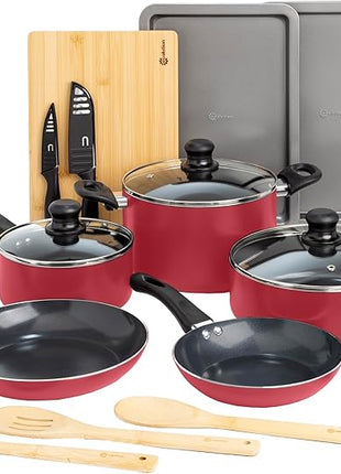 Ecolution Easy Clean Ceramic Nonstick Cookware Set, Dishwasher Safe Kitchen Pots and Pans Set, Comfort Grip Handle, Even Heating, Ultimate Food Release, 26-Piece, Red