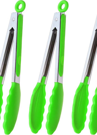 Silicone Tongs 9-Inch Stainless Steel Locking Kitchen Tongs, Set of 3 (Green)