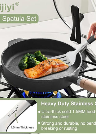 Beijiyi Stainless Steel Spatula Set, 2 Pcs Small Metal Spatula for Cast Iron Skillet, Solid and Slotted Turner Spatulas for Kitchen Use with Silicone Handle, Cooking Utensils for Eggs, Burger, Steak