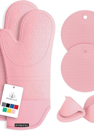 Rorecay 6pcs Oven Mitts and Pot Holders Sets for Kitchen, Extra Long Non-Slip Silicone Oven Gloves Heat Resistant 500 Degrees Potholders Hot Pads for Baking Cooking, Quilted Liner, Pink