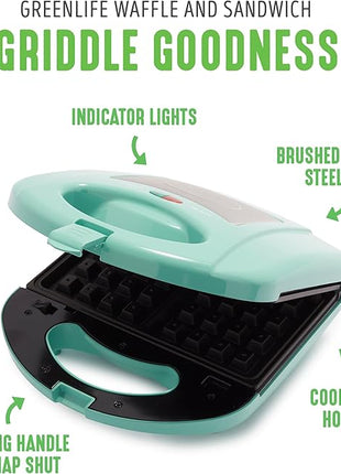 GreenLife Electric Waffle Sandwich Maker, Toaster, Panini Press with Healthy Ceramic Nonstick Plates, Perfect for Tuna Melts, Crispy Rice, Grilled Cheese, LED Indicator Light, PFAS-Free, Turquoise
