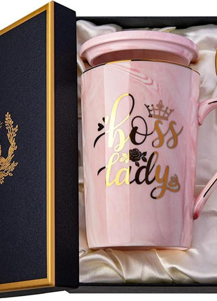 Biching Boss Lady Gifts for Women - Unique Birthday Gift for Women, Friend, Coworkers, Colleagues, Boss Female - Appreciation Mothers Day Gifts - 14Oz Marble Ceramic Coffee Mug Pink