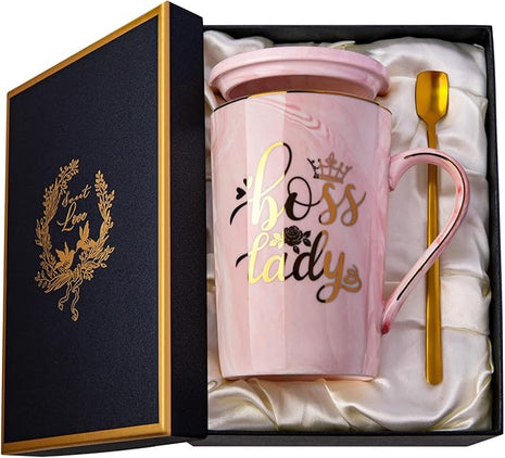 Biching Boss Lady Gifts for Women - Unique Birthday Gift for Women, Friend, Coworkers, Colleagues, Boss Female - Appreciation Mothers Day Gifts - 14Oz Marble Ceramic Coffee Mug Pink