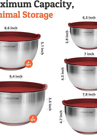 Priority Chef Premium Mixing Bowls With Airtight Lids Set, Thicker Stainless Steel Mixing Bowl Set, Large Prep Metal Bowls with Lids, Nesting Bowls for Kitchen, 1.5/2/3/4/5 Qrt, Red