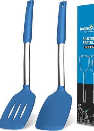 Silicone Spatula Set - Turner Spatulas Silicone Heat Resistant 600°F - Slotted & Solid Spatula for Cooking Fish, Eggs, Pancakes Flipper – Spatulas for kitchen use – Blue