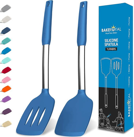 Silicone Spatula Set - Turner Spatulas Silicone Heat Resistant 600°F - Slotted & Solid Spatula for Cooking Fish, Eggs, Pancakes Flipper – Spatulas for kitchen use – Blue