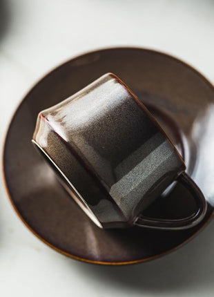 YHOSSEUN Espresso Cups 4 Oz, Porcelain Coffee Cups Set of 6 Espresso Cup with Saucers, Meatal Stand, and Stir Spoons, Brown Expresso Shots Cup